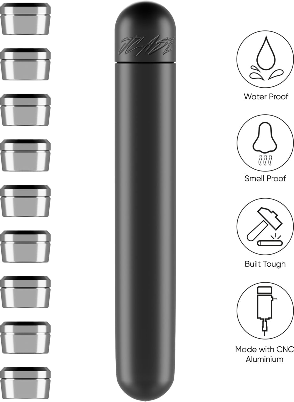 JCASE Kapselbehälter mit 9 Storz & Bickel Dosierkapseln auf Marmortisch – kompakte Aluminium Aufbewahrung für Vaporizer Kapseln