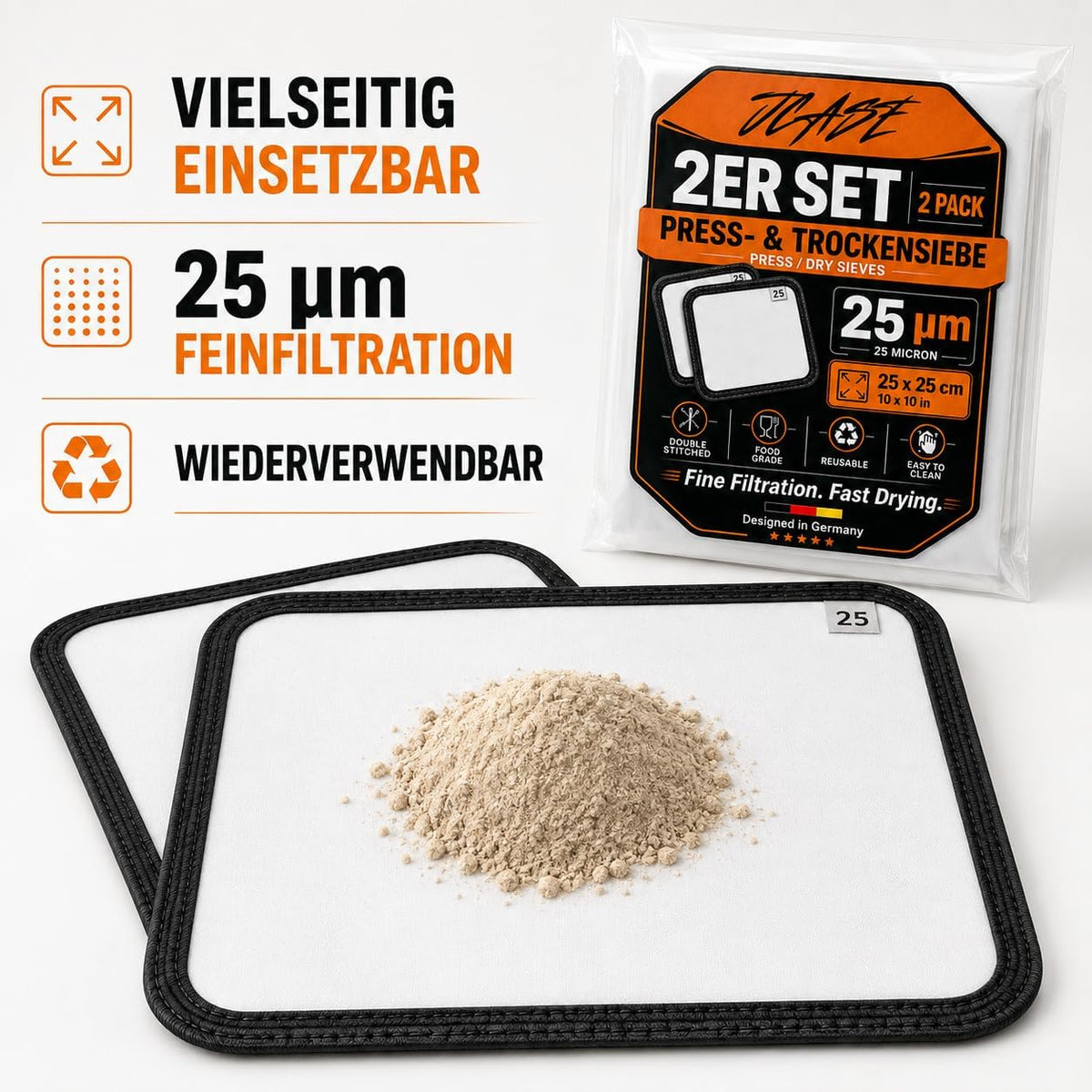 JCASE Presssieb 25 Mikron mit gesiebtem Pflanzenmaterial und Verpackung