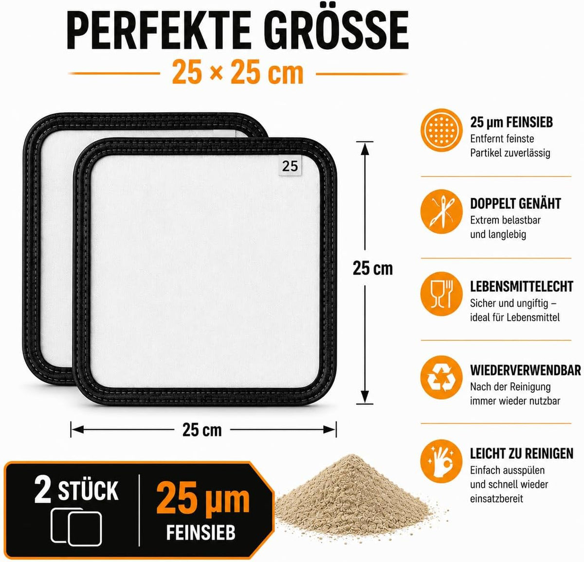 Maßangabe 25 x 25 cm der JCASE Presssiebe mit Übersicht der Eigenschaften
